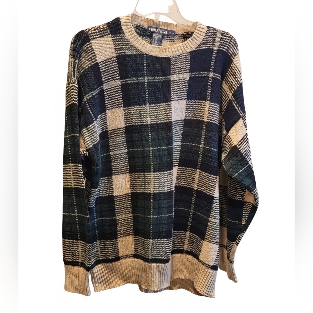 Vintage Y2K Nautica Men's Multicolor Plaid Crewneck Cotton Sweater Size Medium
